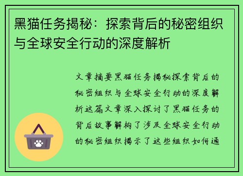 黑猫任务揭秘：探索背后的秘密组织与全球安全行动的深度解析